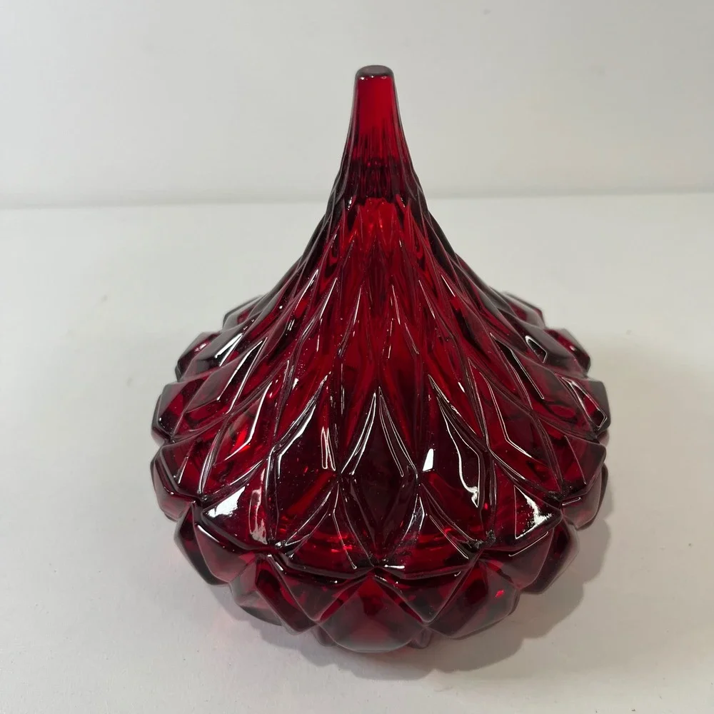 Vtg Shannon Crystal Ruby‎ Red Glass Hershey Kiss Candy Dish Small Diamond Cut